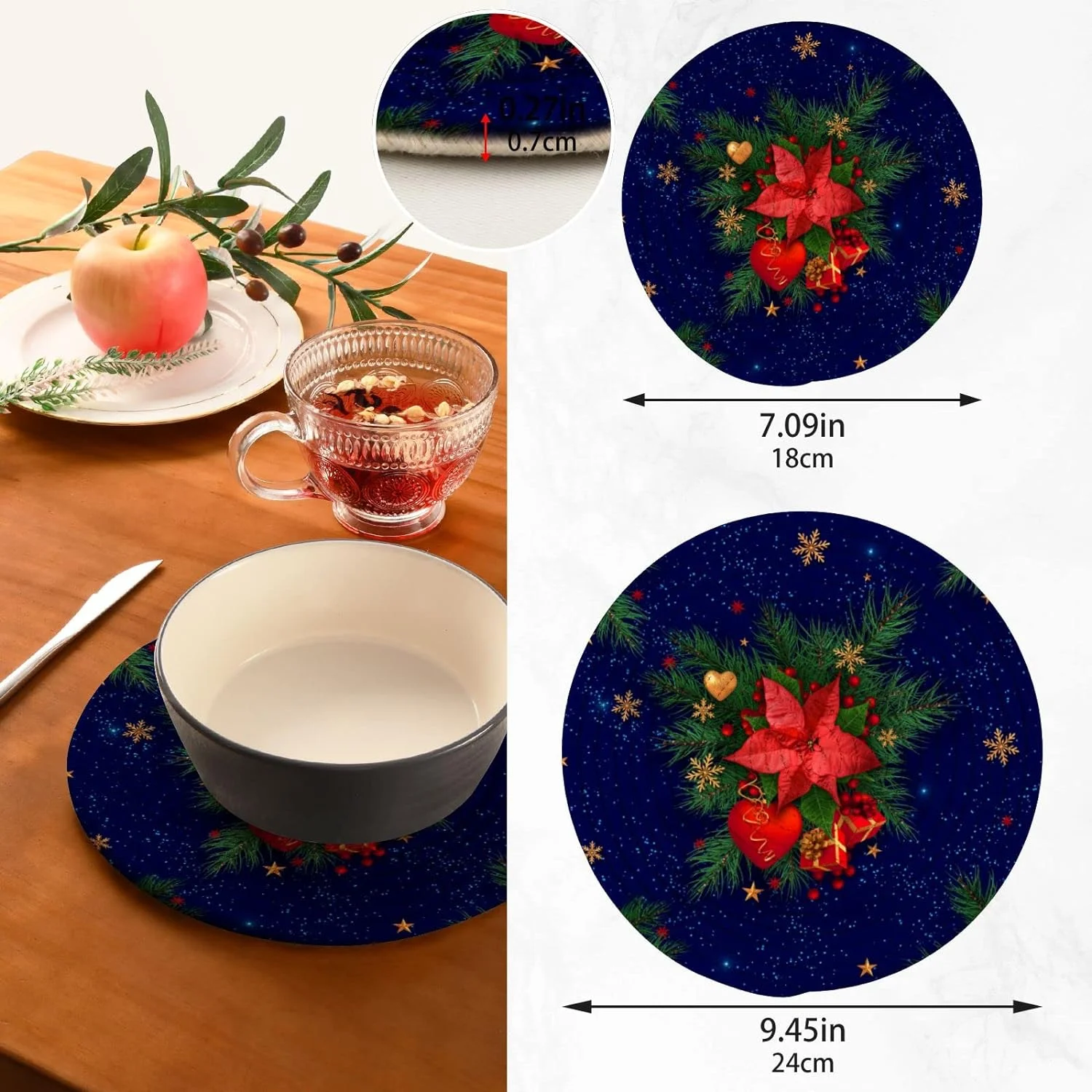 SKYSONIC 2 pcs Christmas Red Flower Xmas Pot Holders Trivets, Heat Resistant Trivets,Green Spruce Branches Cotton Thread Weave Mats for Hot Pads Pans Pot Bowl Teapot