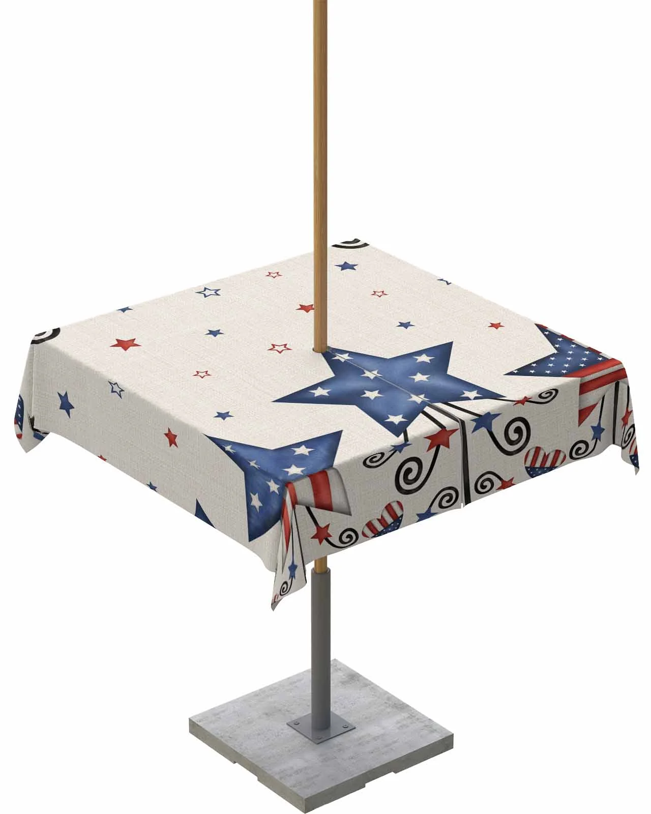 Outdoor Tablecloth with Umbrella Hole, 4th of July Independence Day Patriotic Star Linen Texture Waterproof Picnic Table Cover, Zippered Square&nbsp;Table Cloth for Patio&nbsp;Party Garden, 60”x60”