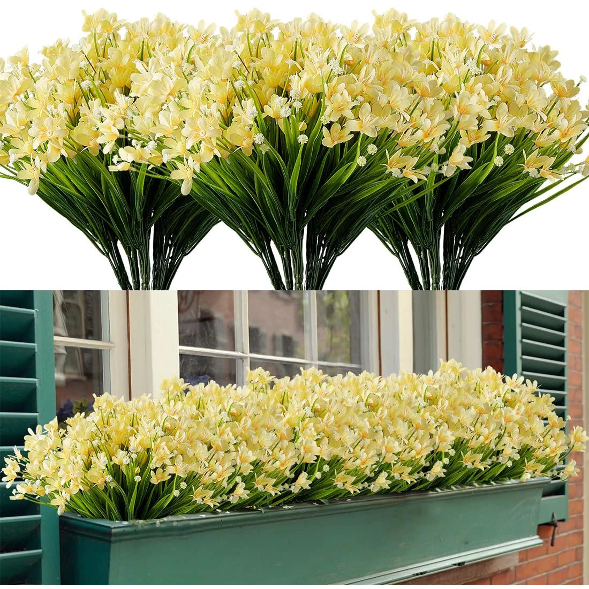 GRNSHTS 4 pcs Artificial Flowers for Outdoor Decoration, Spring Decoration UV Resistant Faux Outdoor Plastic Greenery Shrubs Plants Hanging Planter Home Garden Decor (Yellow)