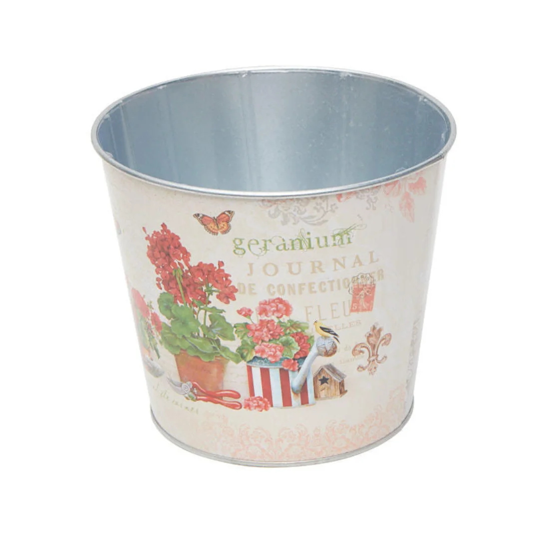 Red Geranium Print Tin Pail Planter - For Indoor Spring and Summer Arrangements and Home Decor