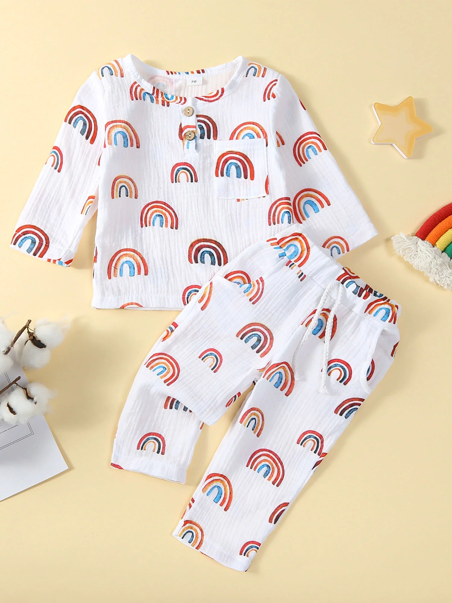 Toddler Infant Baby Boy Girl Fall Clothes Rainbow Print Tops with Pants Coming Home Outfit