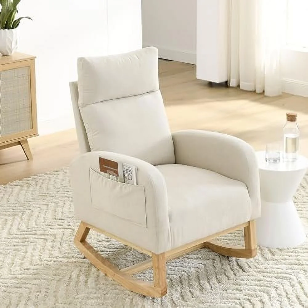 SJOIKLM Rocking Chair Nursery Teddy Fabric Upholstered Baby Glider Rocker Chair Comfy Accent Arm Chair w/Side Pockets&Solid Wood Legs Modern Nursing Single Sofa Chair for Living Room