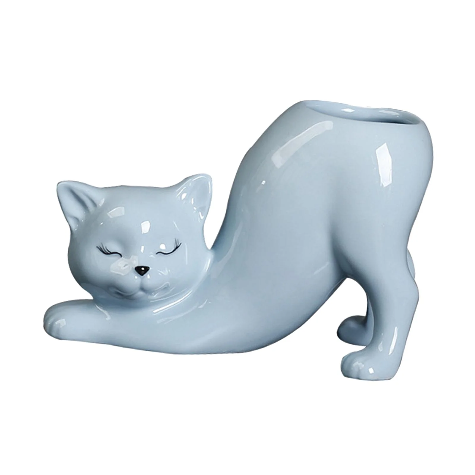 Cartoon Cat Flower Pot Animal Cat Vase Planter Ceramics Plant Container Plant Pot Flowerpot for Patio Home Living Room Garden Blue