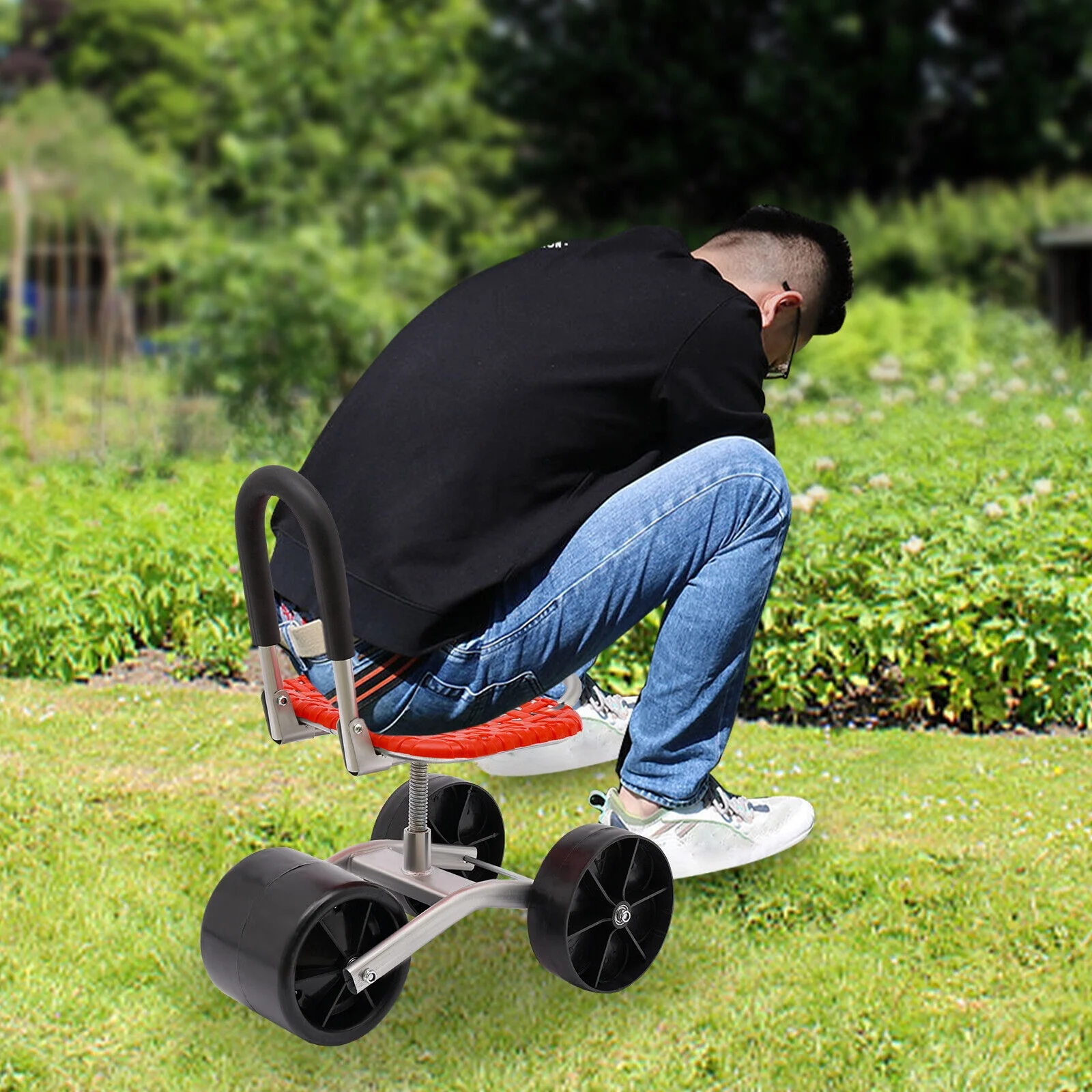 Height Adj. 360° Rotates Gardening Seats W/3 Rolling Wheels Stool Kneeling Pad