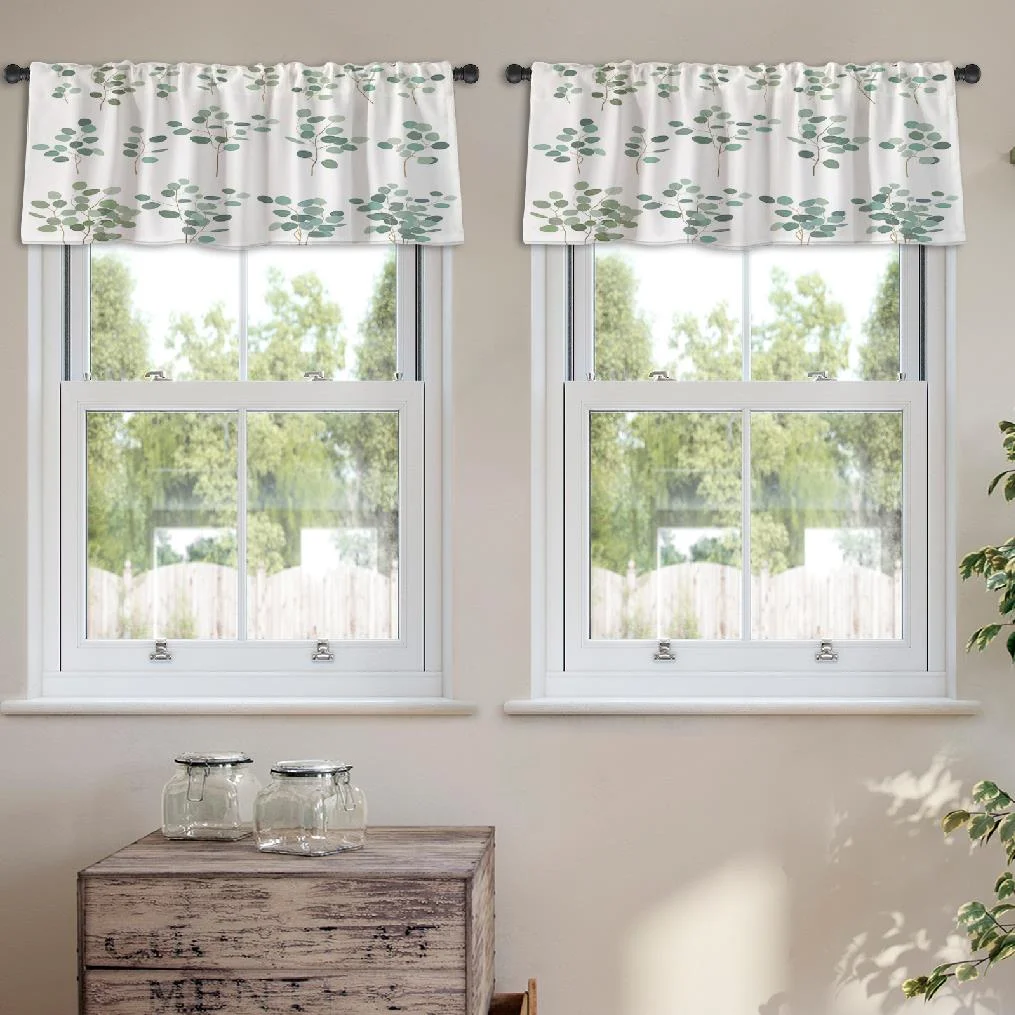 LALILO Kitchen Curtain Valance Silver Dollar Eucalyptus White Rod Pocket Window Curtain 52