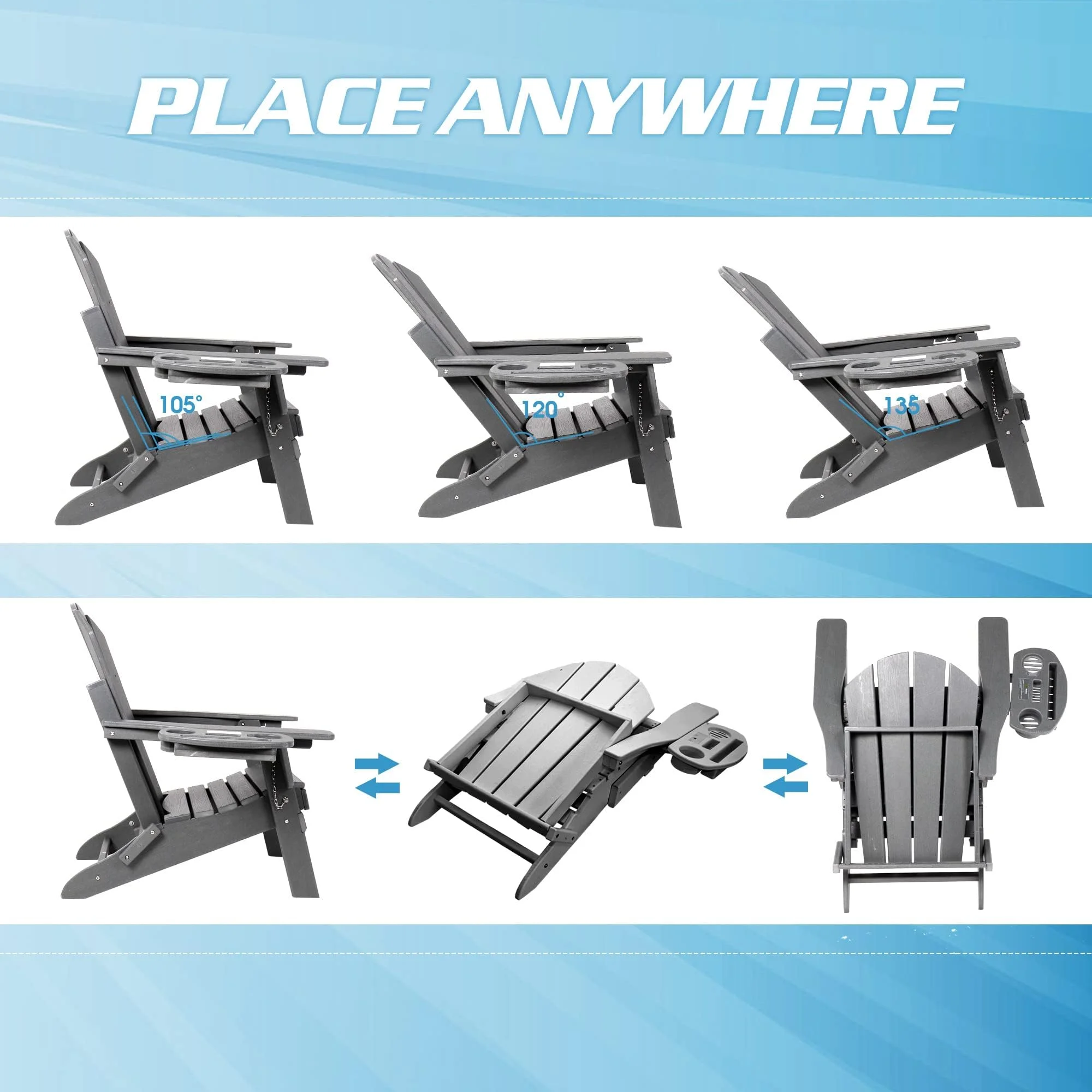 Folding Adirondack Chair with Retractable Ottoman, HDPE All-Weather Resistant Adjustable Backrest Adirondack Chair w/4 in 1 Cup Holder Trays, Wood Texture Grey