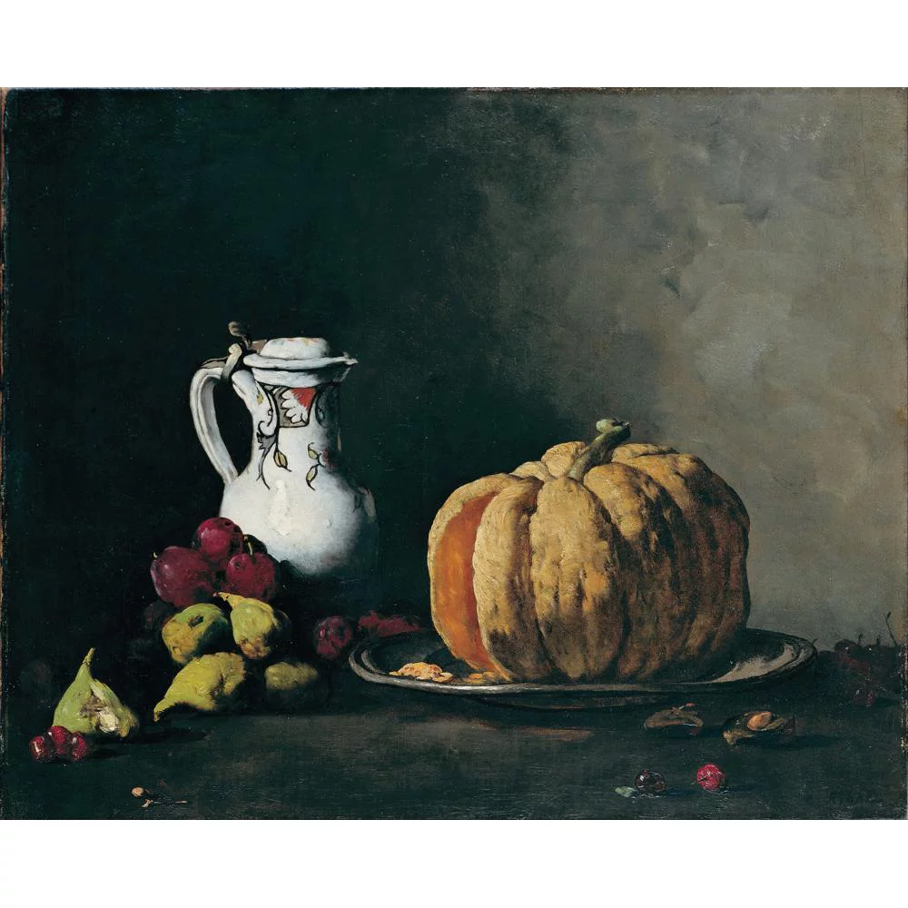 Théodule Ribot 24x20 Black Modern Framed Museum Art Print Titled - Still Life with Pumpkin, Plums, Cherries, Figs and Jug (C-1860)