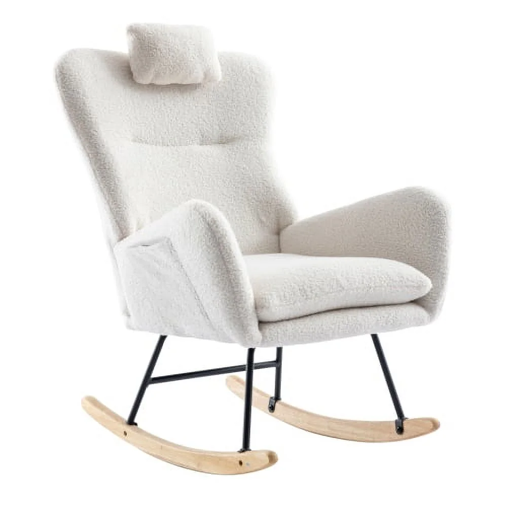 LEIYEHOOM 35.5 inch Rocking Chair with Pocket  Soft Teddy Fabric Rocking Chair for Nursery  Comfy Wingback Glider Rocker with  Solid Wood Base for Living Room Bedroom Balcony (white)