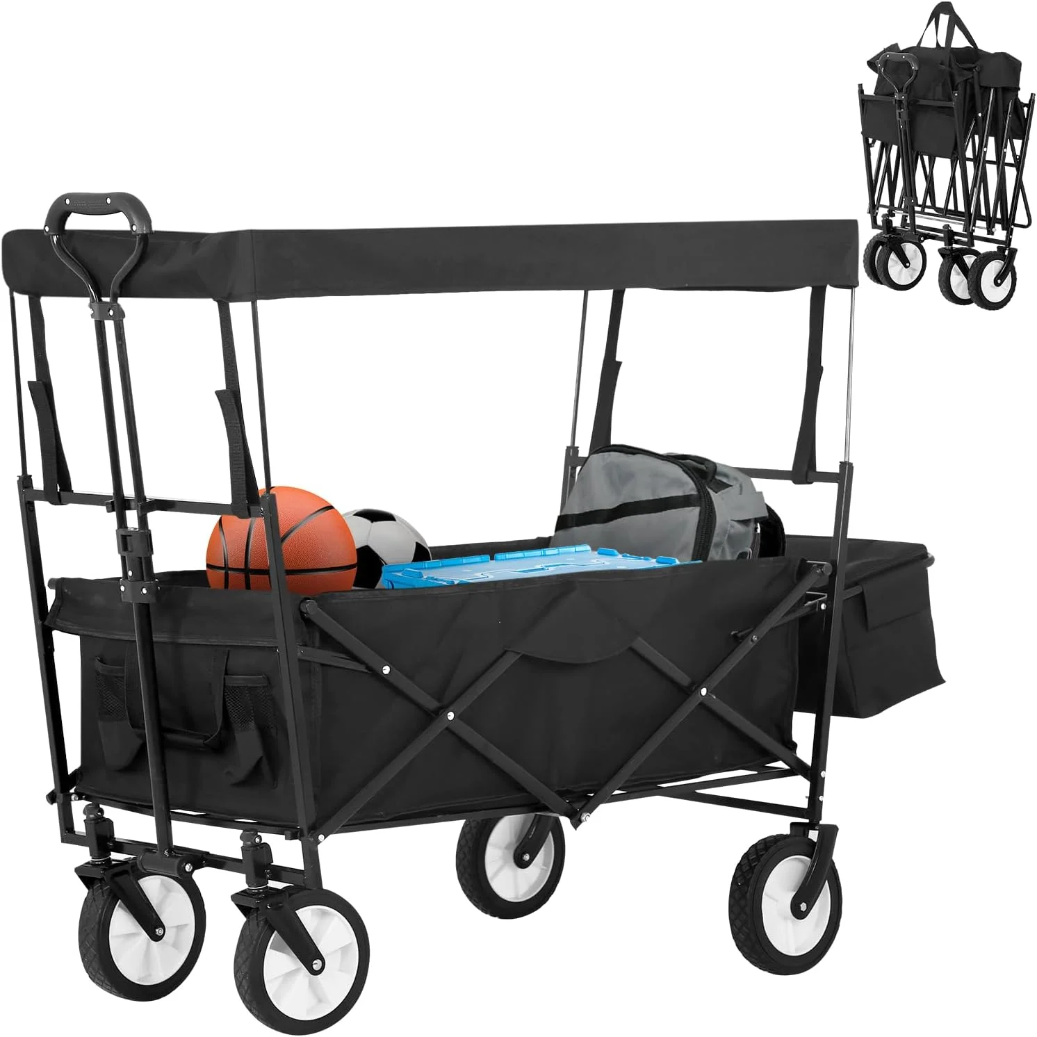 Garden Cart w/Universal Wheels Folding Wagon Collapsible Wagon w/Removable Canopy for Camping Picnic Outdoor Event