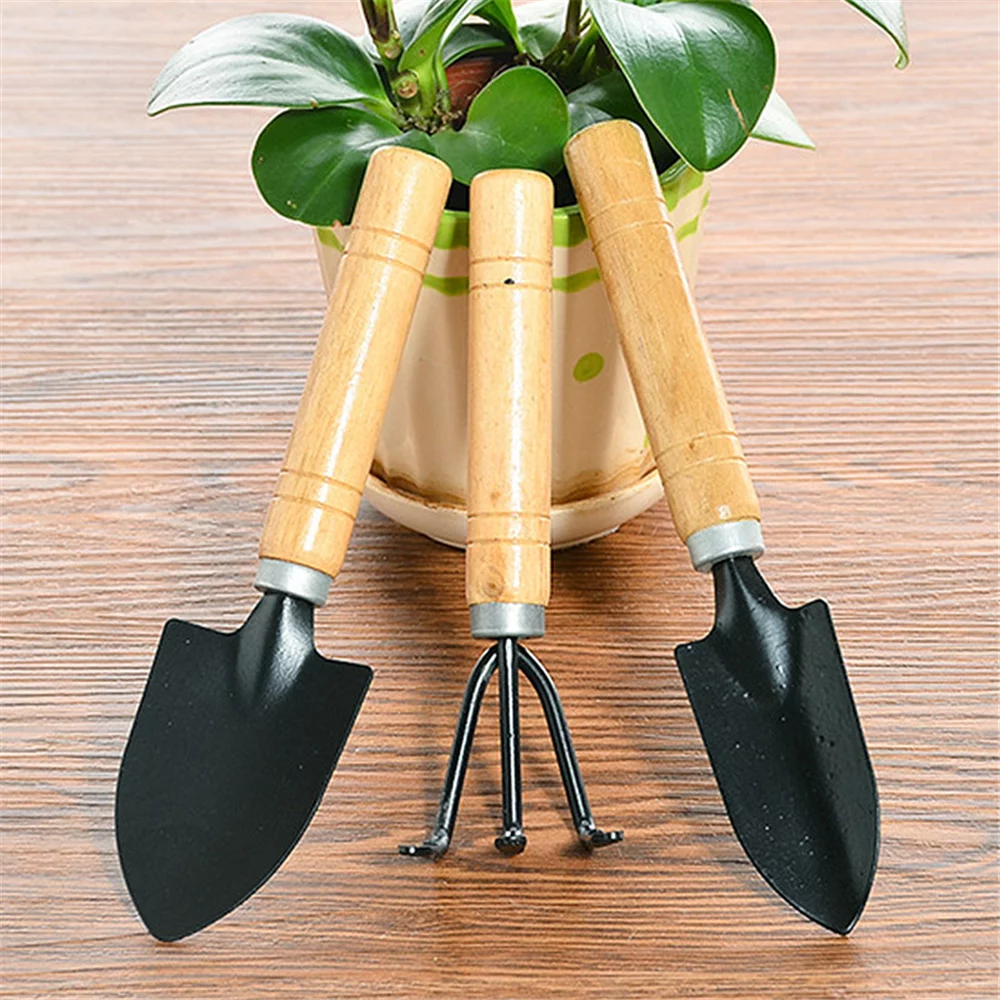 GadgetVLot 3pcs Garden Tool Set Mini Shovel Rake Spade Bonsai Tools Wooden Handle for Flowers Potted Plant