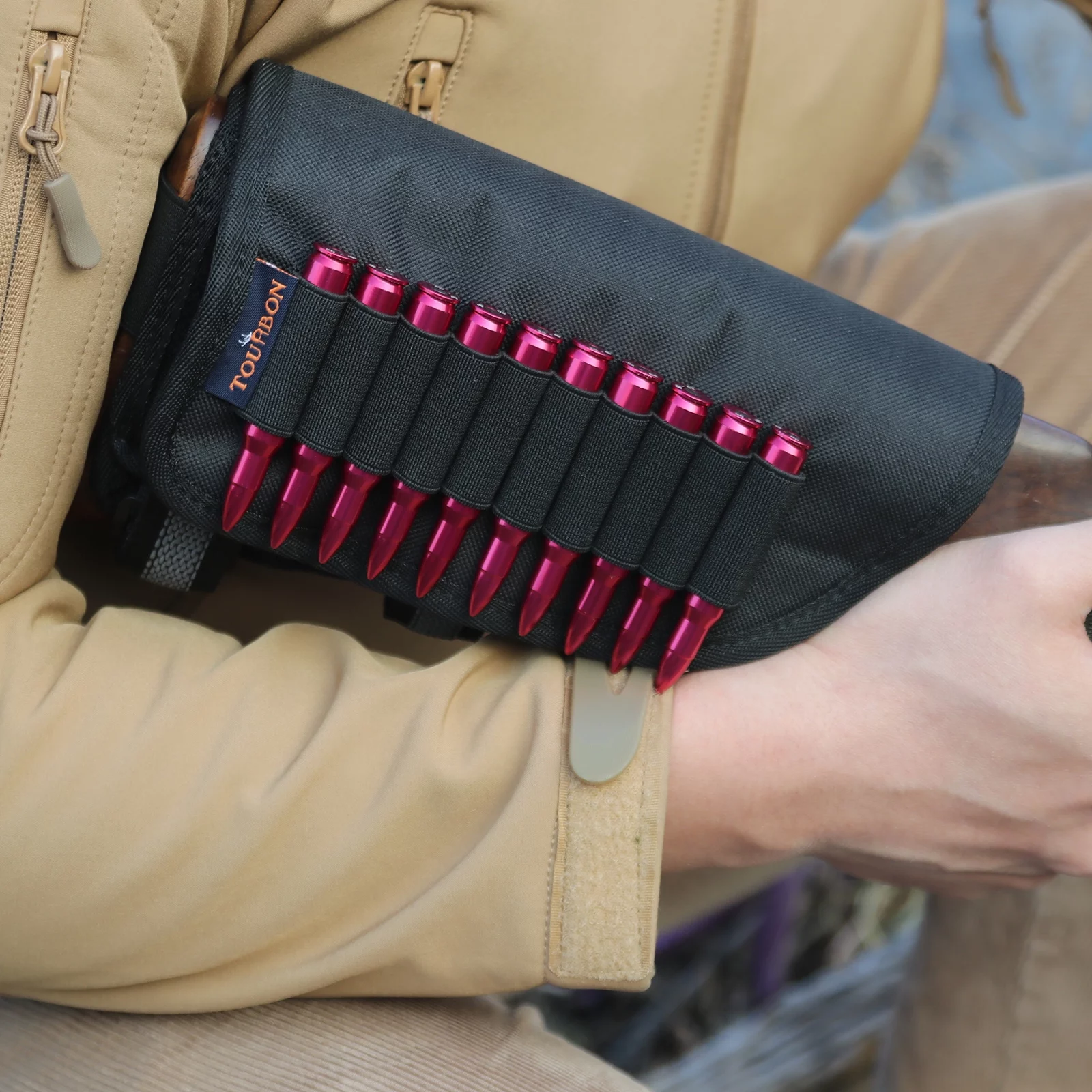 TOURBON Rifle Cheek Weld Riser Rest Comb Raiser with Ammo Holder Shooting Nylon Neoprene-Green/Black