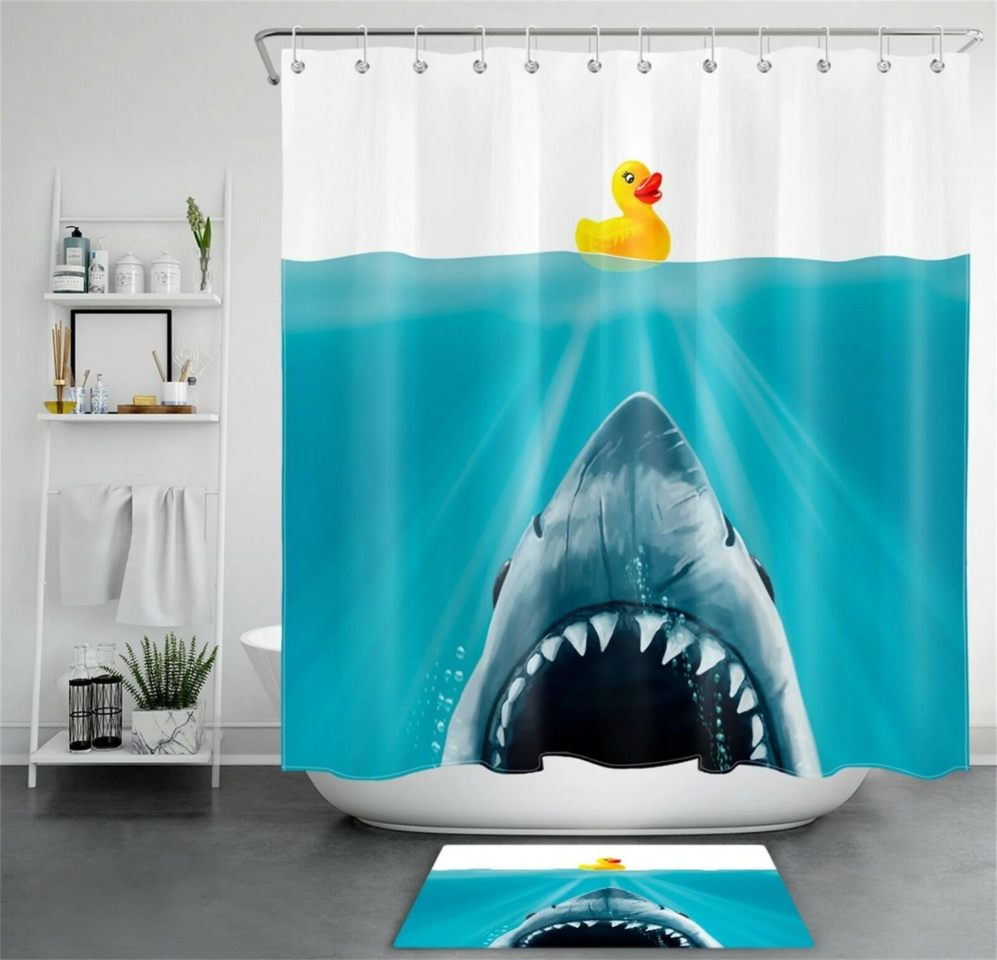Oceanic Elegance: Shark and Duck Shower Curtain Set for Stylish Bathroom Decor