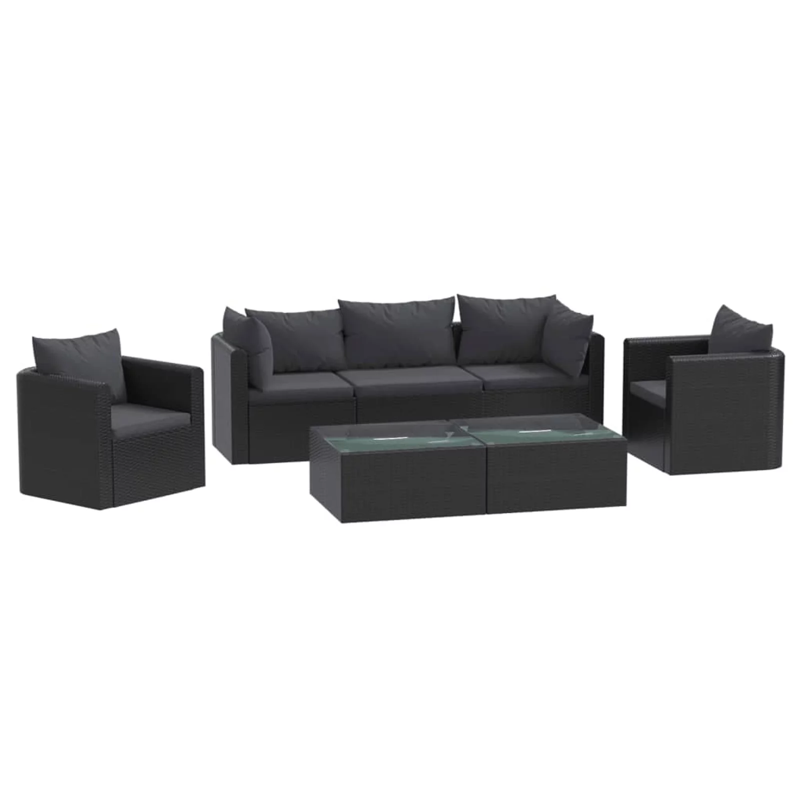 Dcenta 7 Piece Patio Conversation Set Cushioned 2 Corner, 2 Single Sofas with Middle Sofa and 2 Coffee Table Black Poly Rattan Sectional Outdoor Furniture Set for Garden, Backyard, Balcony