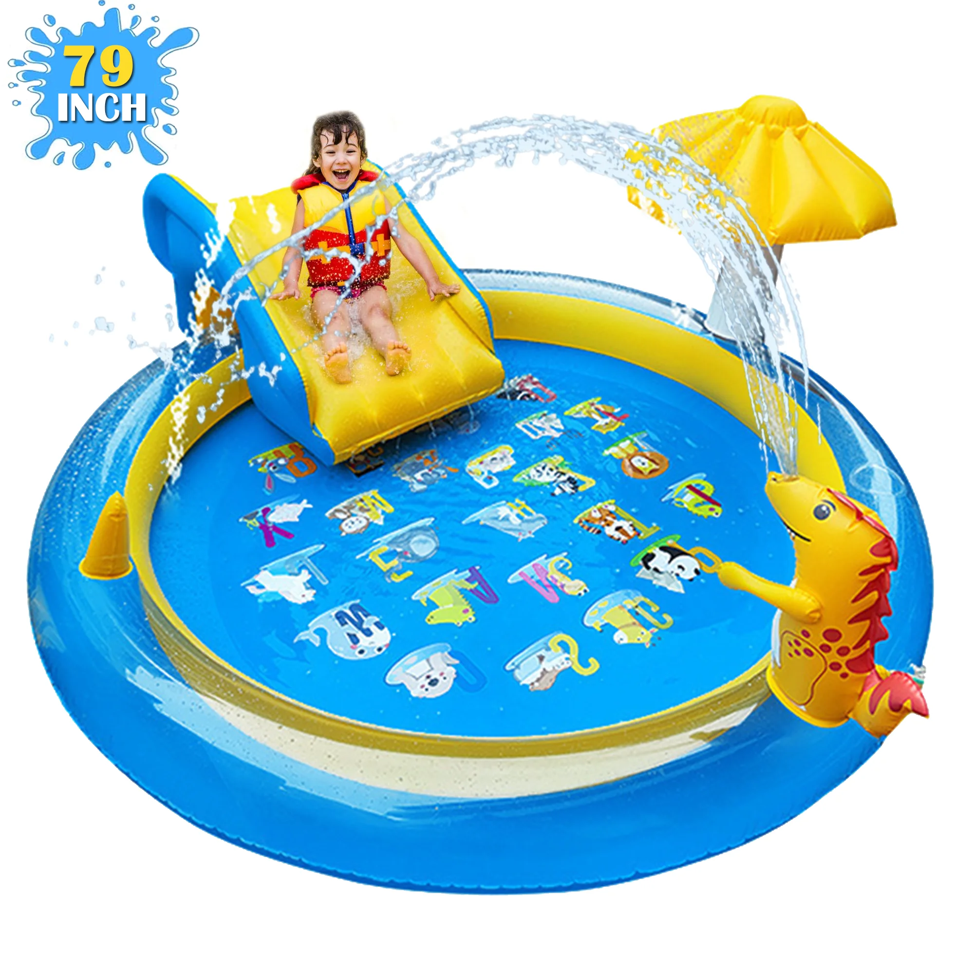 Richgv Splash Pad Sprinkler Play Mat with Slide for Kids, 78.7'' Inflatable Sprinkle Mat Outdoor Water Dinosaur Toys Pool Summer Toys for Toddlers Backyard Water Mat