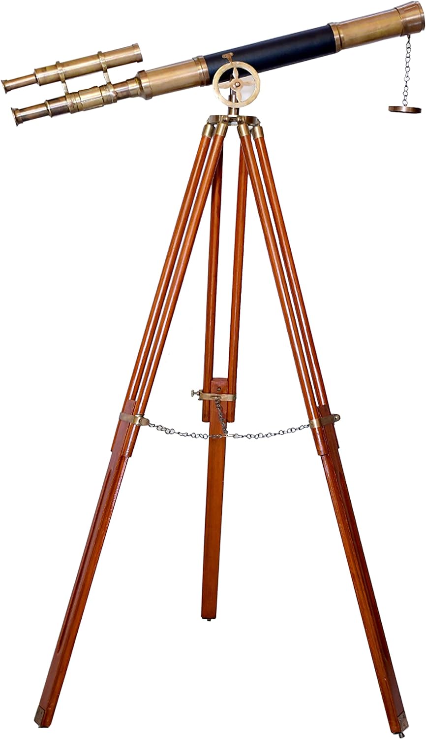 Wooden Tripod Floor Standing Telescopic tripods Maritime Brass Antique Double Barrel Designer Telescope