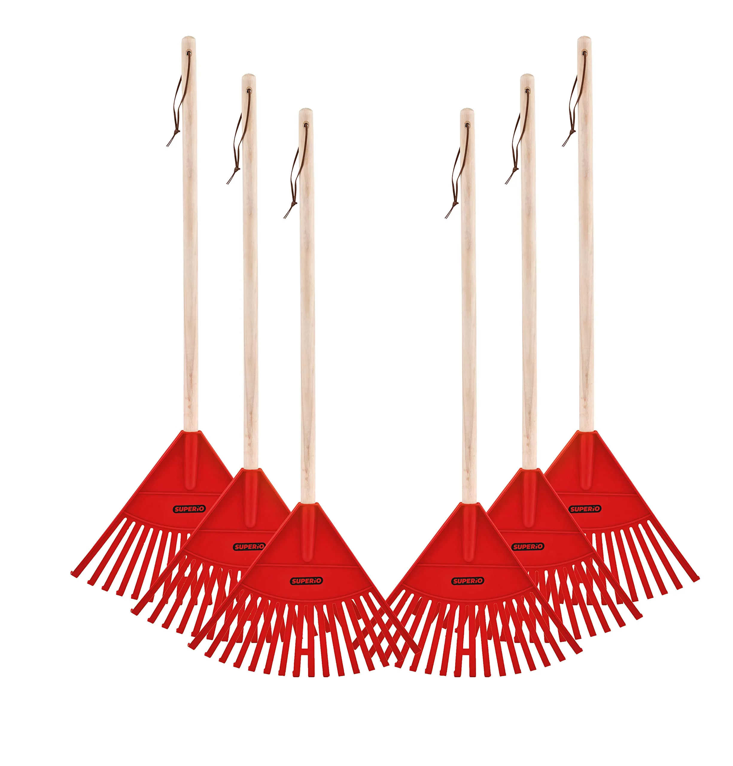 Superio Kids Rake with Hardwood Handle- Durable Plastic Red Head to Sweep Leaves in Lawn and Tidying Up The Garden – 34 “Height (6 Pack)