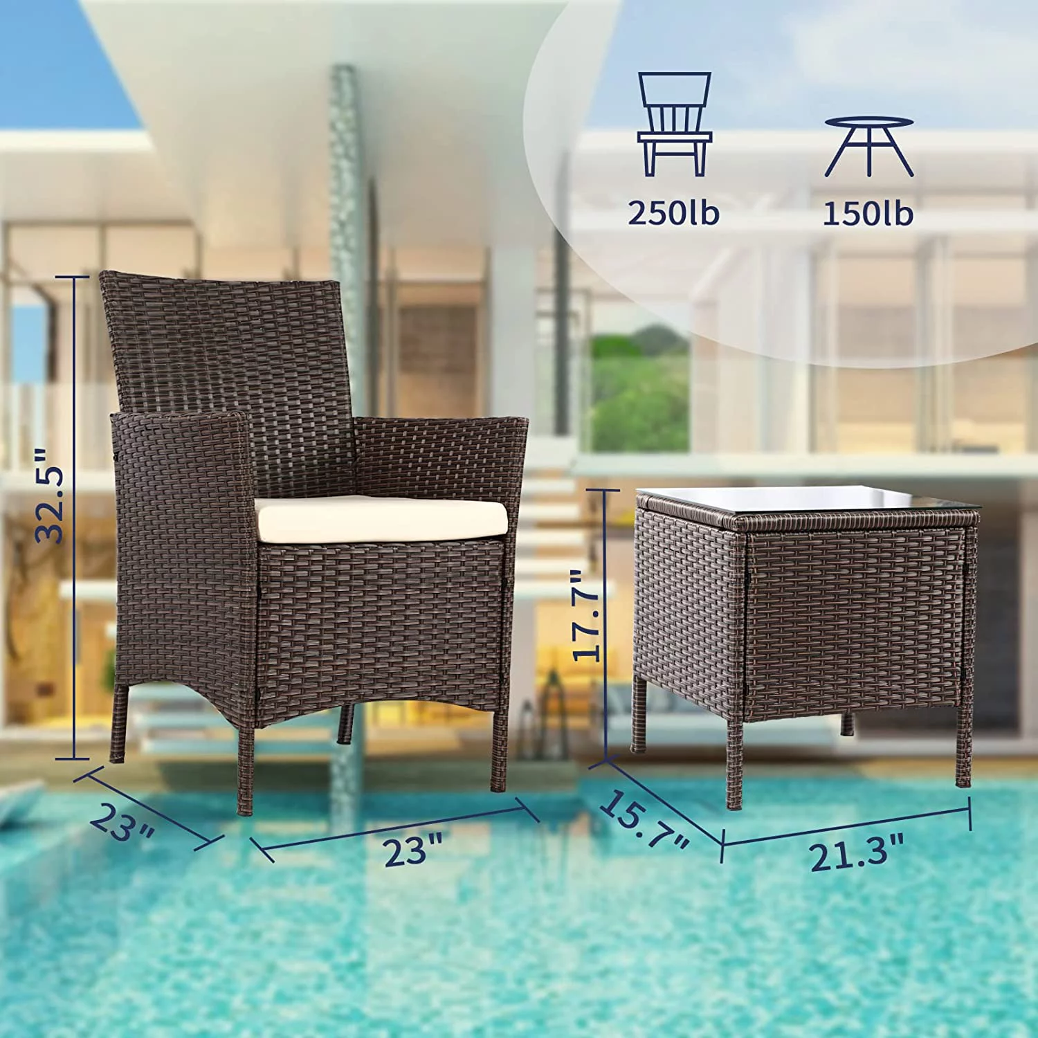 KAWIVAST Patio Furniture Set 3 Piece, Wicker Patio Furniture Sets, Outdoor PE Rattan Furniture, Front Porch Furniture, All-Weather Patio Furniture, Balcony Furniture