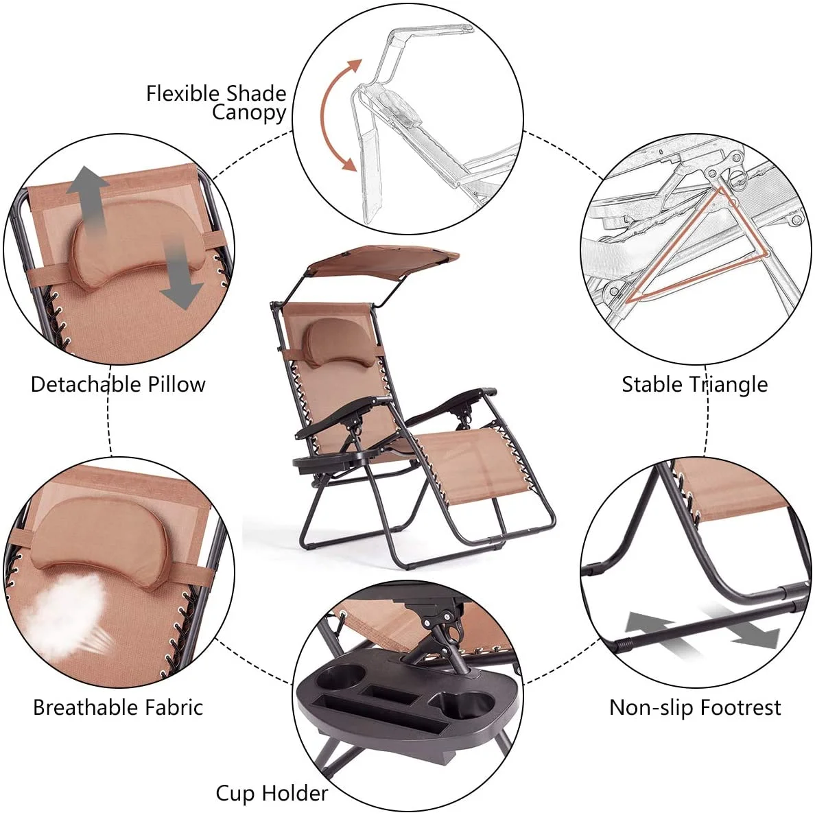 Zero Gravity Chairs, X-Large Folding Lounge Lawn Chair w/Canopy Shade & Cup Holder, Adjustable Folding Patio Recliner for Pool Porch Deck Oversize (Coffee)