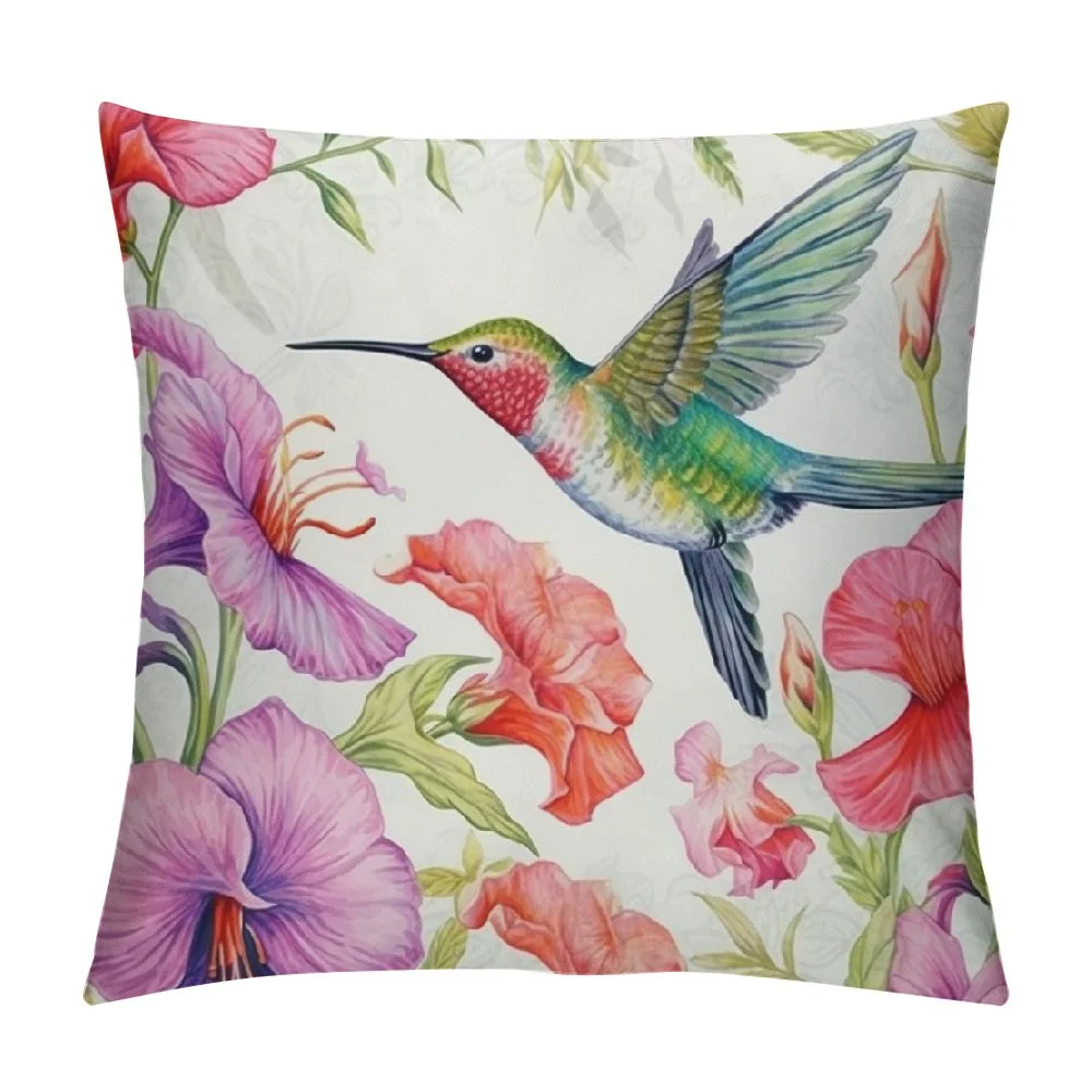 HOMICOZI  Purple Flowers Pillow Cover Watercolor Birds Butterfly Wild Moth Decor Cushion Cover for Kids Teens Adults Outdoor Nature Floral Spring Theme Cushion Case for Room Decor