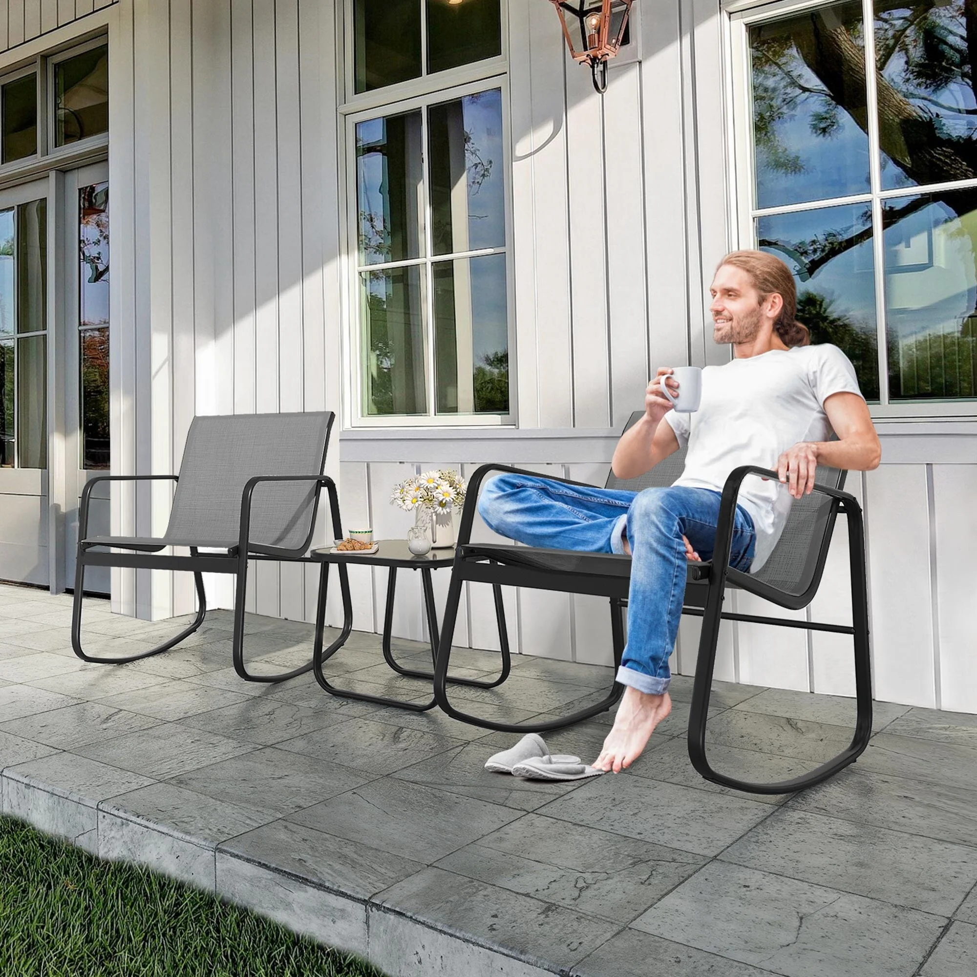 Mcferran's Inc Moasis 3 Piece Rocking Patio Furniture Bistro Set with Chairs and Glass Table Grey