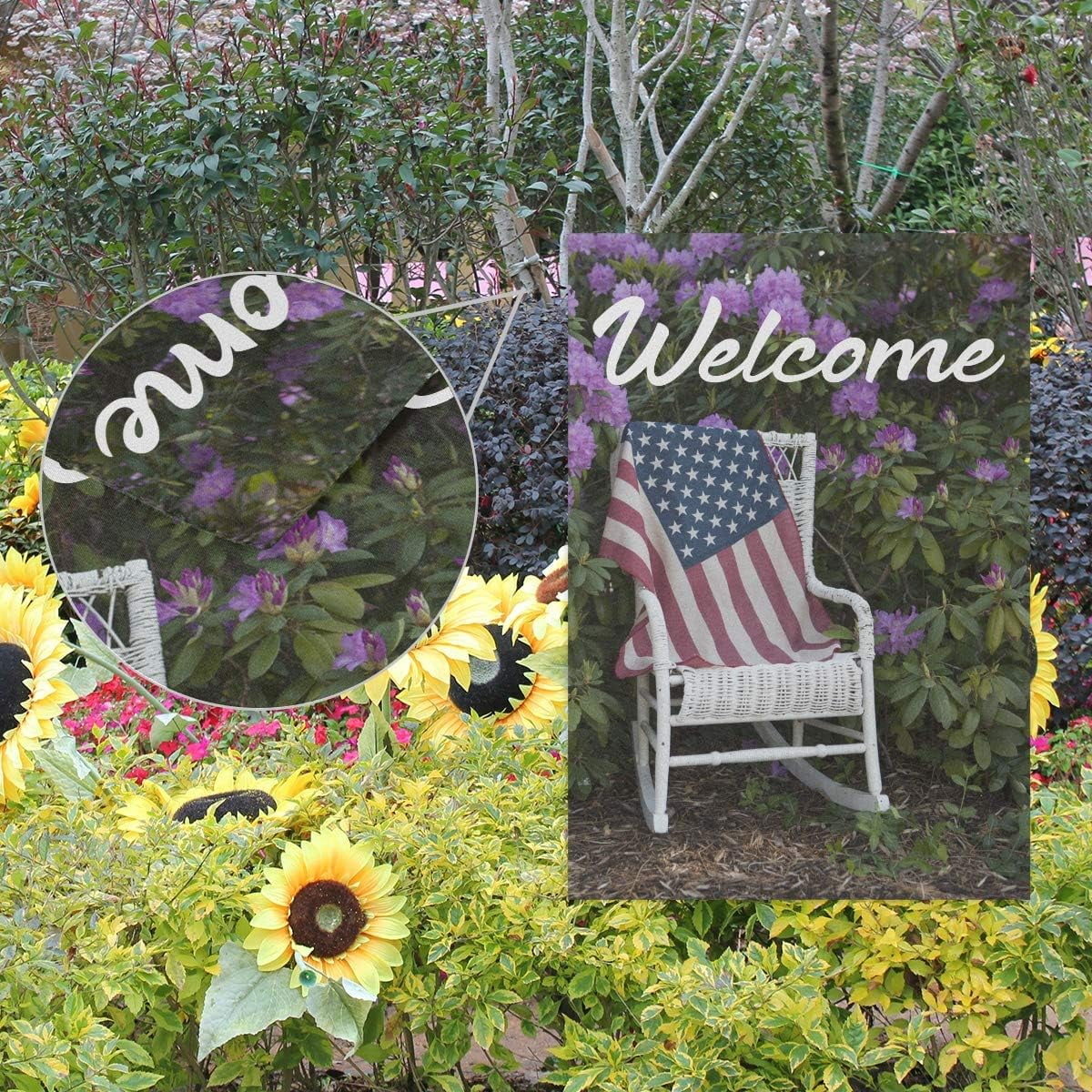 American Flag on Antique Wicker Chair Garden Flag 12 x 18 Inch Vertical Double Sided Welcome Yard Garden Flag Seasonal Holiday Outdoor Decorative Flag for Patio Lawn Home Decoration Gift