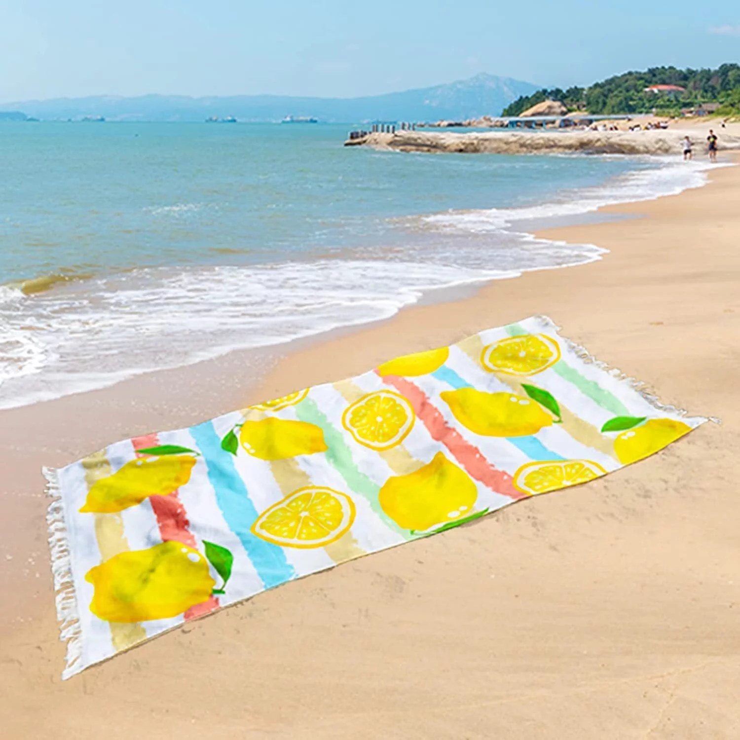 Whale Flotilla 2 Packs Cotton Beach Towel (35x70 Inch), Oversized Soft Absorbent Camping Pool Travel Towel with Stripe Fruit Pattern for Kids and Adults (Lemon)