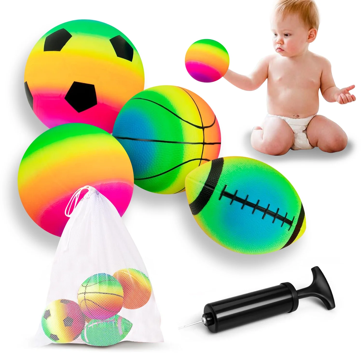 4Pack Sports Ball for Toddler 2-4, Football, Basketball, Soccer Ball, Volleyball for Playground, Indoor and Outdoor Toys