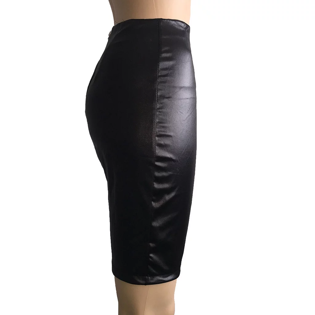 Winter Skater Skirt Women Ladies High Waist And Knee Skirt Bandage Split Sexy Hip Leather Skirt Skirt