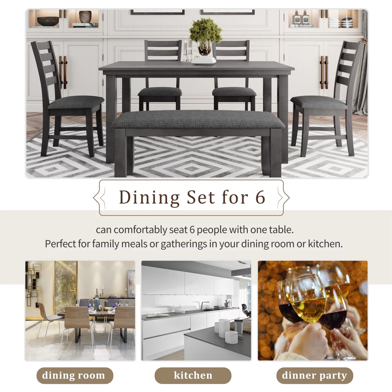 TREXM Dining Room Table and Chairs with Bench  Rustic Wood Dining Set  Set of 6 (Gray)