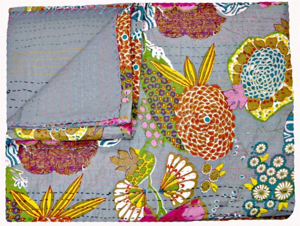 Indian Handmade Kantha Fruit Floral Print Bedding Bedspread Quilt Throw Pure Cotton Twin/Queen Size Blanket Bed Cover Gudri