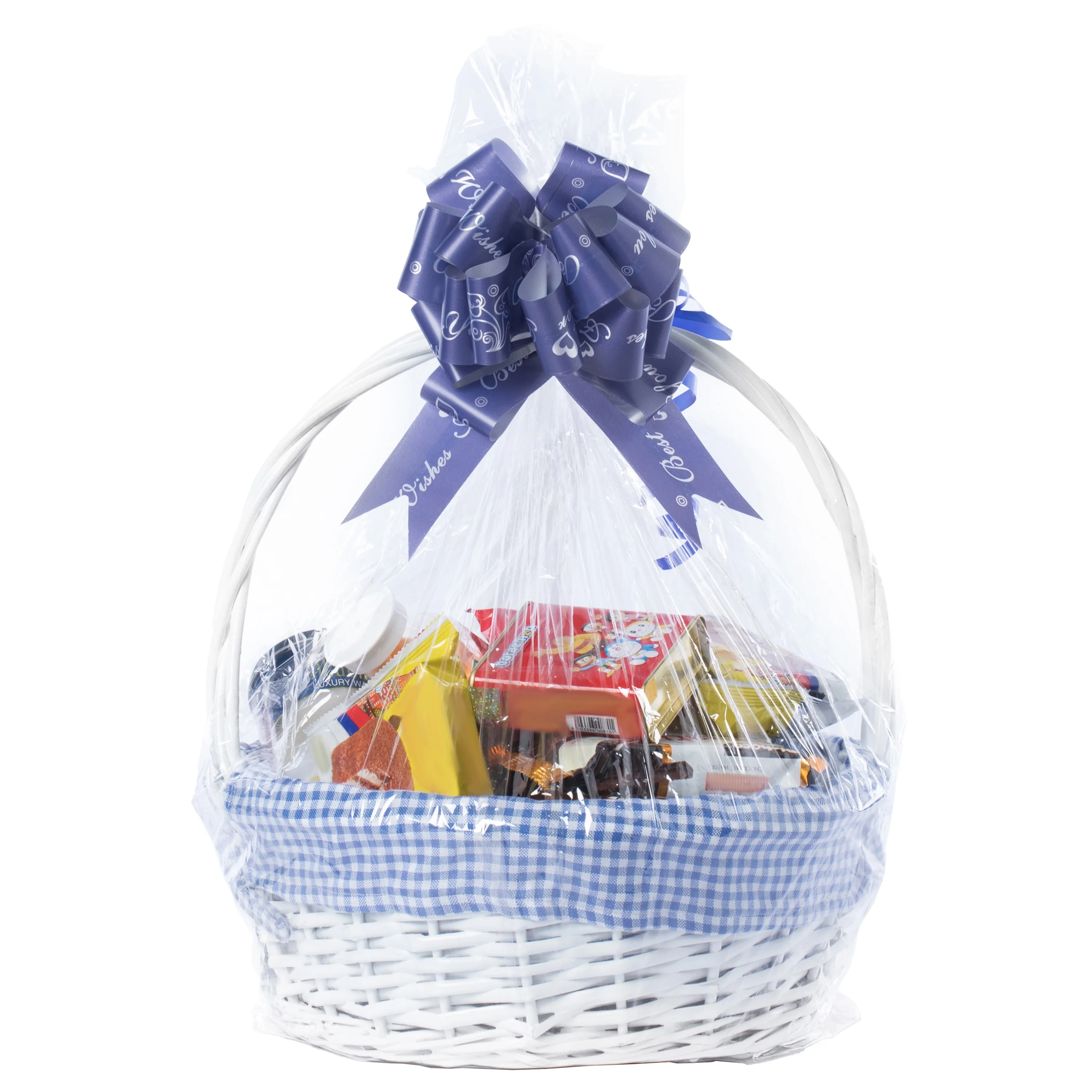 White Round Willow Gift Basket, with Gingham Liner and Handle