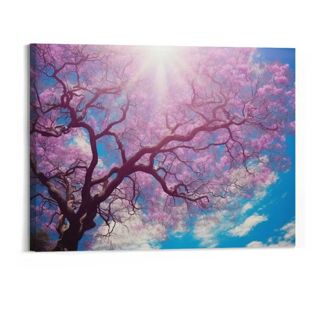 PRATYUS Wall Art Canvas of Blue Sky Cherry Blossom Pink Sun Leaf Tree Living Room Home Mural Paintin Canvas Painting Posters And Prints Wall Art Pictures for Living Room Bedroom Decor 20x16 Inch