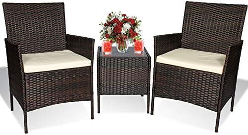 HYHBIBOOM 3 Piece Patio  Set Outdoor Wicker Rattan Conversation Set Porch PE Rattan Outdoor  Set with Coffee Table  Chairs & Thick Cushions  for Patio Garden Lawn Backyard Pool (Brown