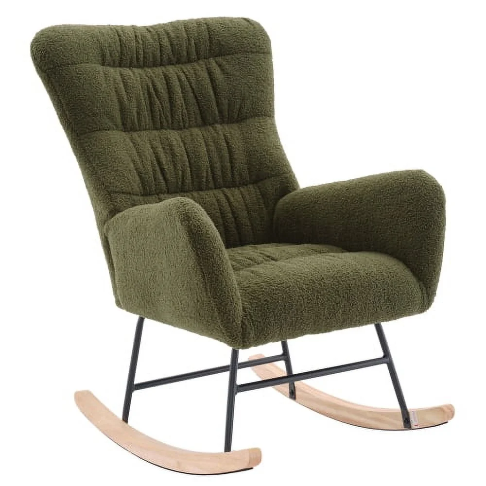 ZJbiubiuHome Nursery Rocking Chair  Teddy Upholstered Glider Rocker  Rocking Accent Chair with High Backrest  Comfy Rocking Accent Armchair for Living Room  Bedroom  Offices  DARK GREEN