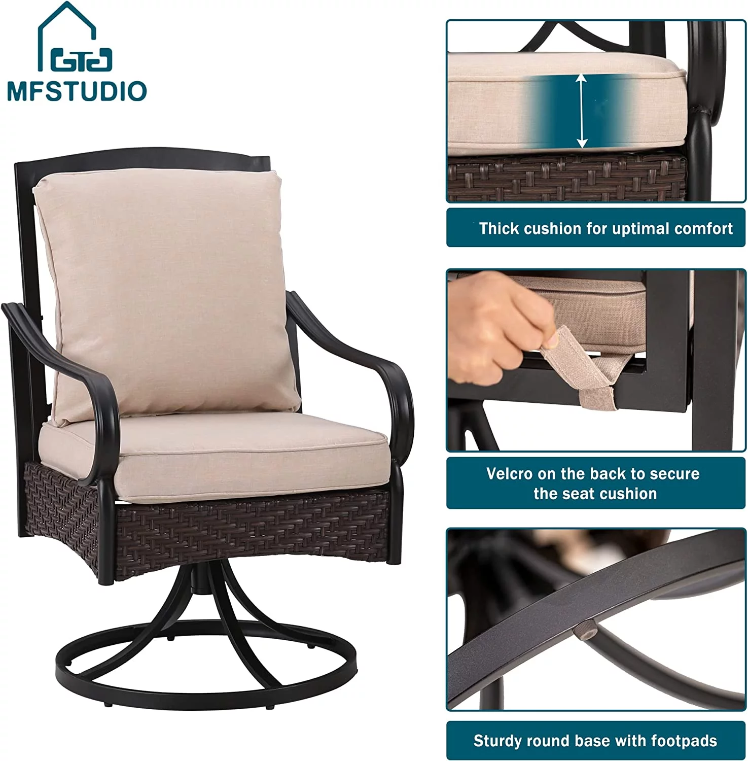 7 Pieces Patio Dining Set Outdoor Table and Chair Furniture Set with 6 Metal Swivel Chairs and 1 Retangle Extendable Table Beige Cushion