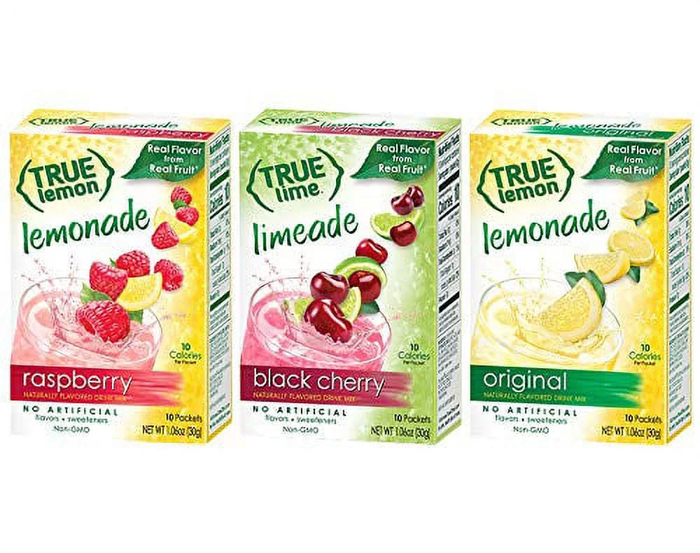 True Lemon 10 Ct. Drink Mixes 3 Flavor Variety Bundle: (1) Original Lemonade, (1) Raspberry Lemonade, and (1) Black Cherry Limeade (3 Boxes Total)