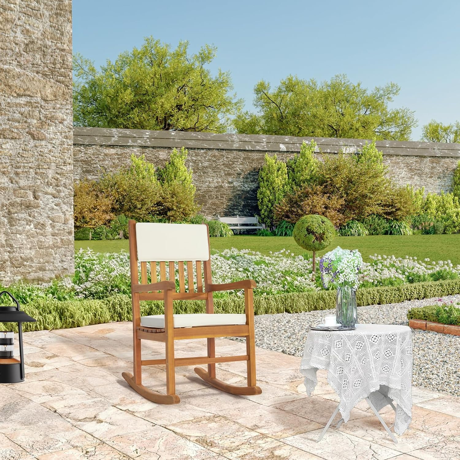 Acacia Outdoor Rocking Chair with Cushions, Wooden Rocker Support 550 LBS for Indoors & Outdoors, 1 Pack