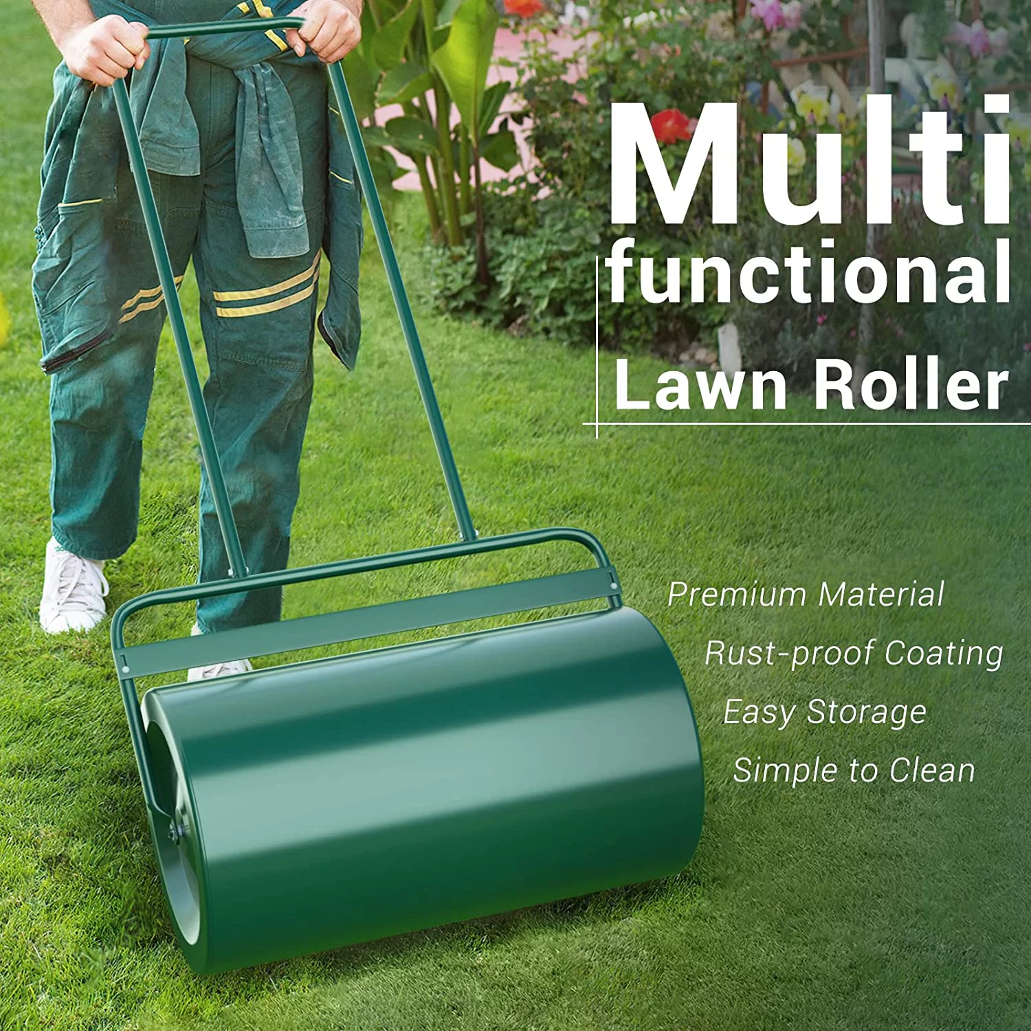 Lawn Roller, Heavy-Duty Push/Tow Behind Water/Sand Filled Garden Drum Roller for Park, Garden, Yard, Ball Field, 13x24-Inch, 48L/ 13 Gallons, Green