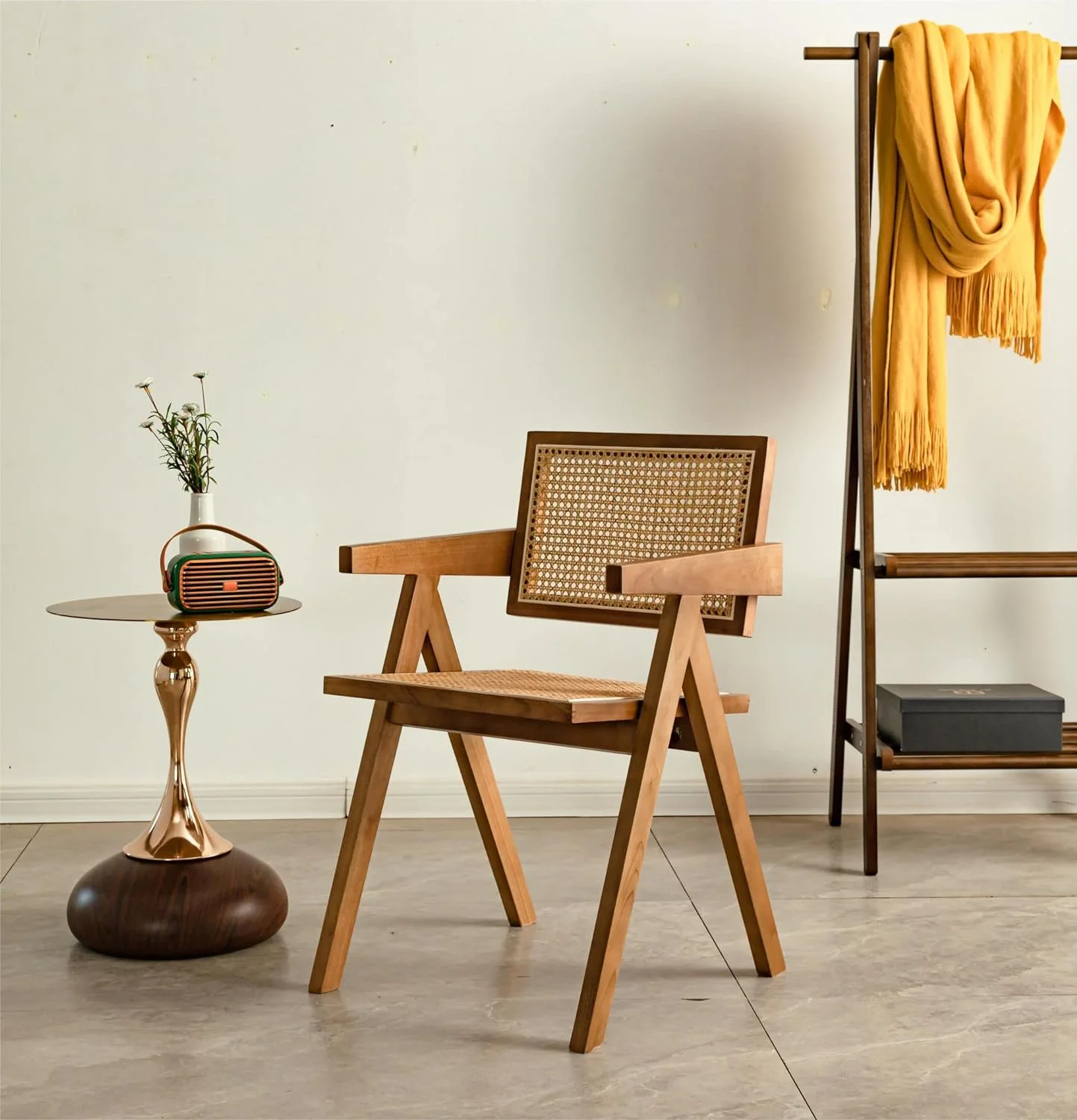 SJUIOK Rattan Dining Chairs   Wooden Armchair Cane Kitchen Chairs with Arms  Mid Century Modern Chair for  Room Dining Garden Balcony Leisure Arm Chair (Black Color)