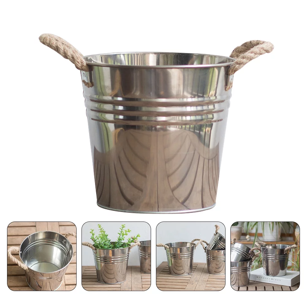 Guichaokj Creative Flower Bucket Garden Plant Container Flower Pot with Hemp Rope Handle