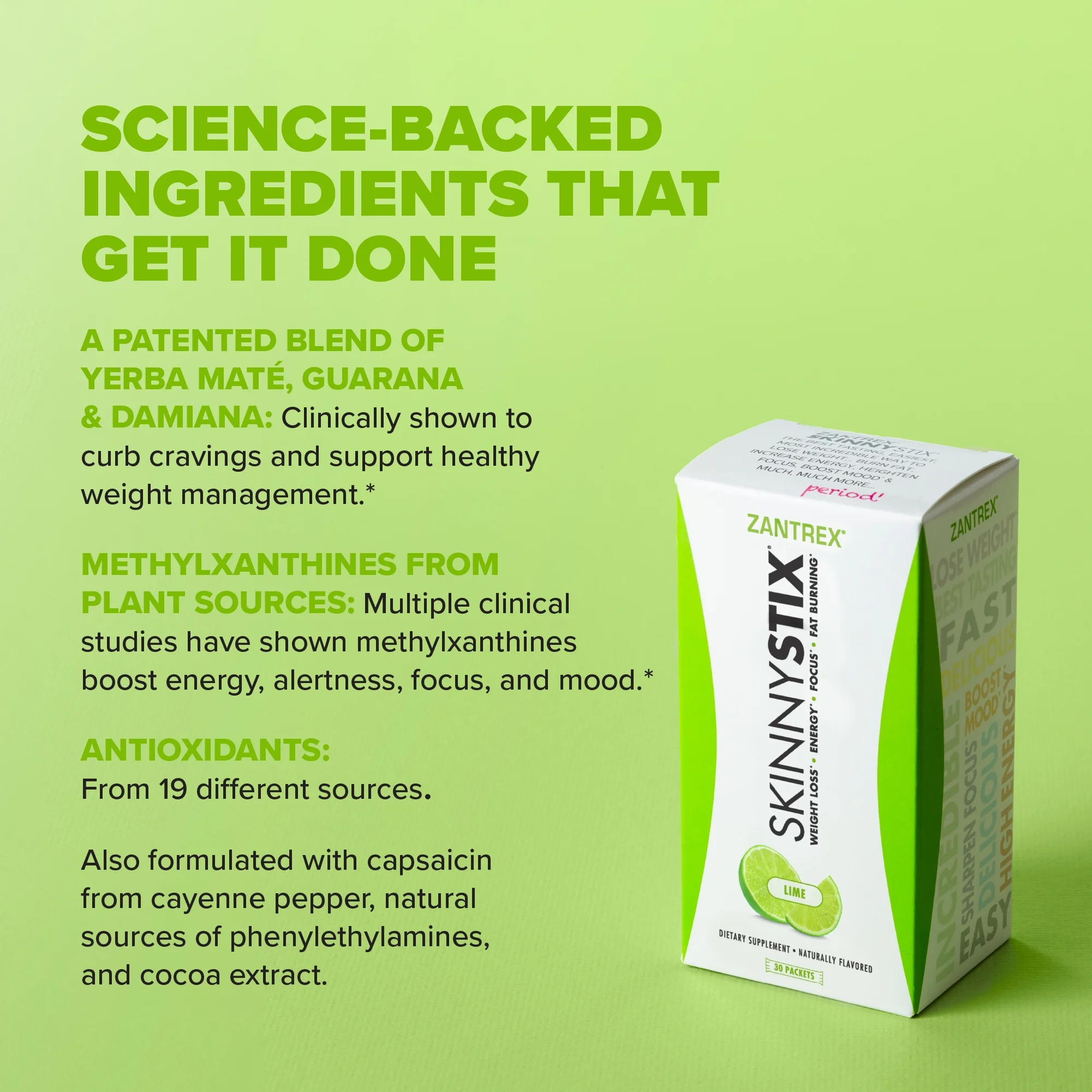 Zantrex SkinnyStix Energy Drink Mix + Antioxidants. Weight Loss, Focus, Fat Burning, and Incredible Energy in Delicious 10-Calorie Packets – 30 Packets, Lime Flavor