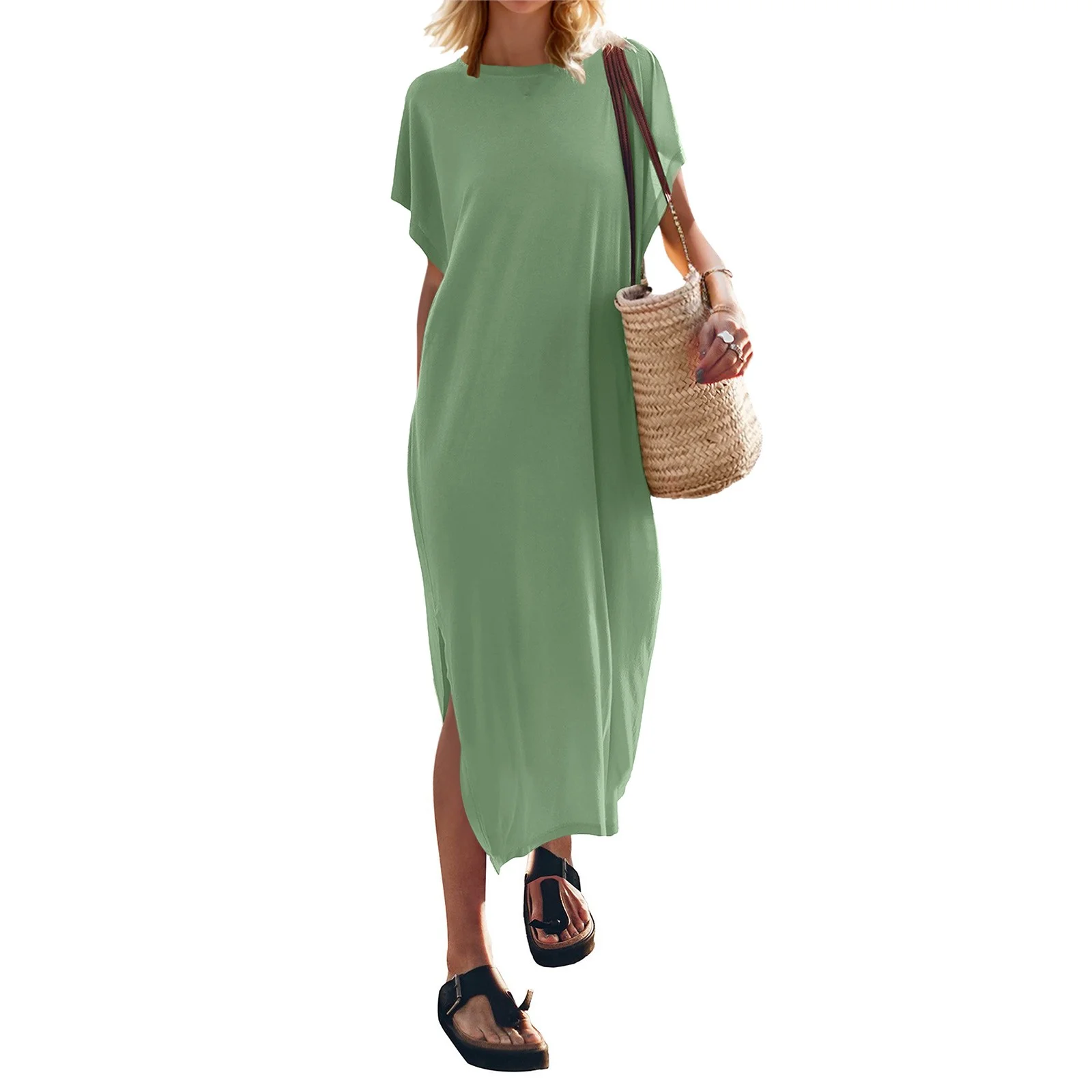 Winter Denim Skirt Women'S Summer Long Skirt T Shirt Covered Sleeve Round Neck Casual Loose Side Slit Long Beach Holiday Dress Skirt Hangers For Women