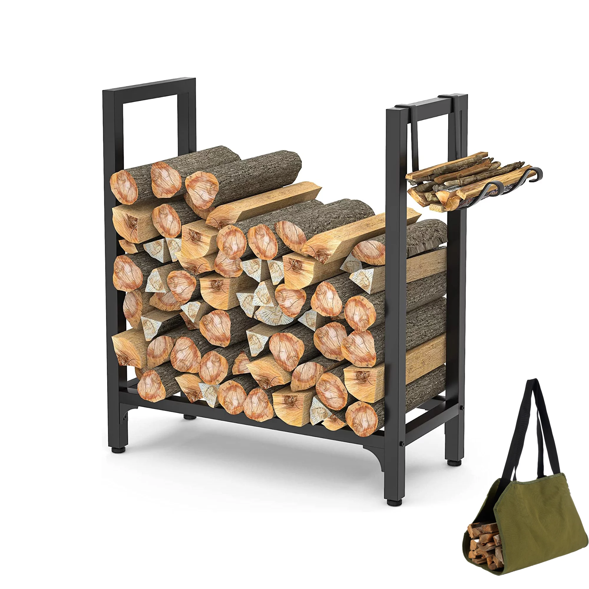Cipaher Firewood Rack Indoor 24 Inch Firewood Holder Outdoor Heavy Duty Wood Rack Metal Fireplace Wood Holder with Firewood Carrier Kindling Holder