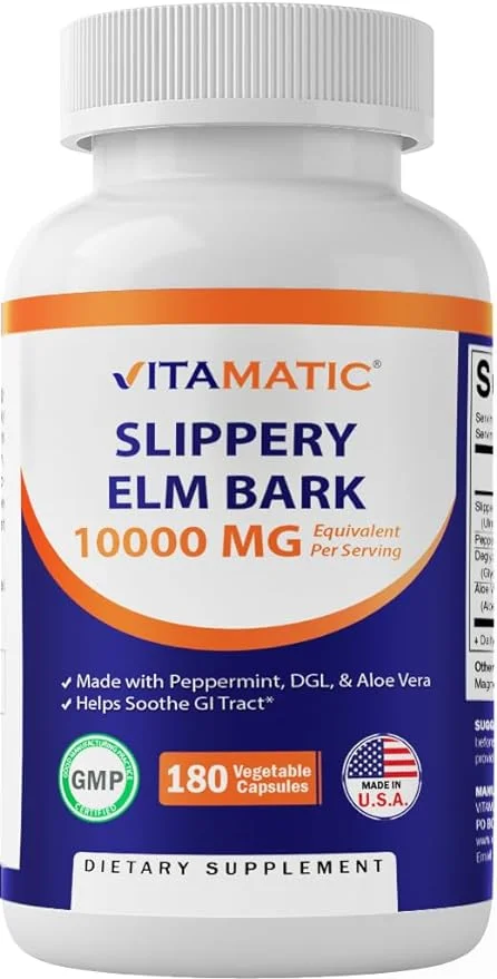 Vitamatic Slippery Elm Bark 20:1 Extract, 10000 mg Equivalent Strength Per Serving, Made with Peppemrint, DGL, & Aloe Vera - 180 Veg Capsules, and Concentrated 20X Potency