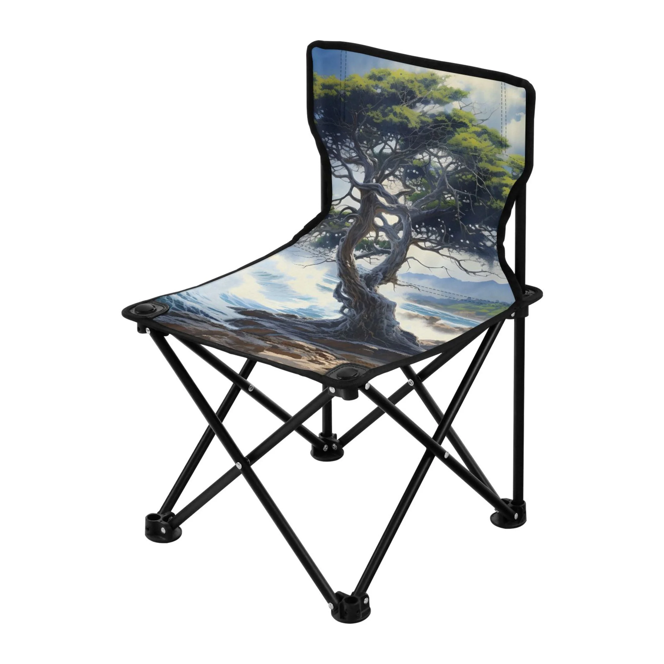Tree Behind Sea Portable Camping Chair Outdoor Folding Beach Chair Fishing Chair Lawn Chair with Carry Bag Support to 220LBS