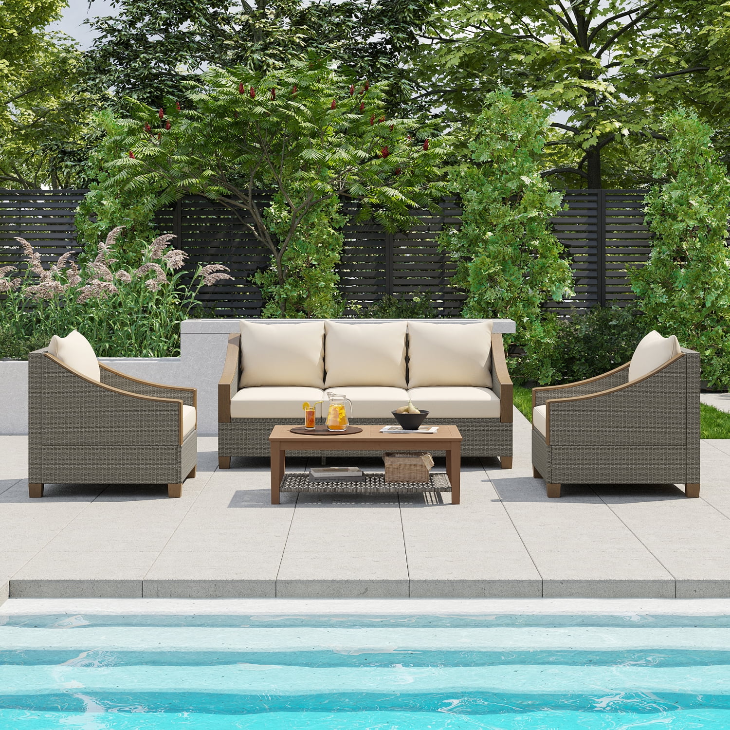 Ideal for seating 5 people  this cozy 4-piece grey rattan outdoor conversation sofa set comes with soft cushions and a wooden coffee table. Perfect for relaxing and entertaining in your p
