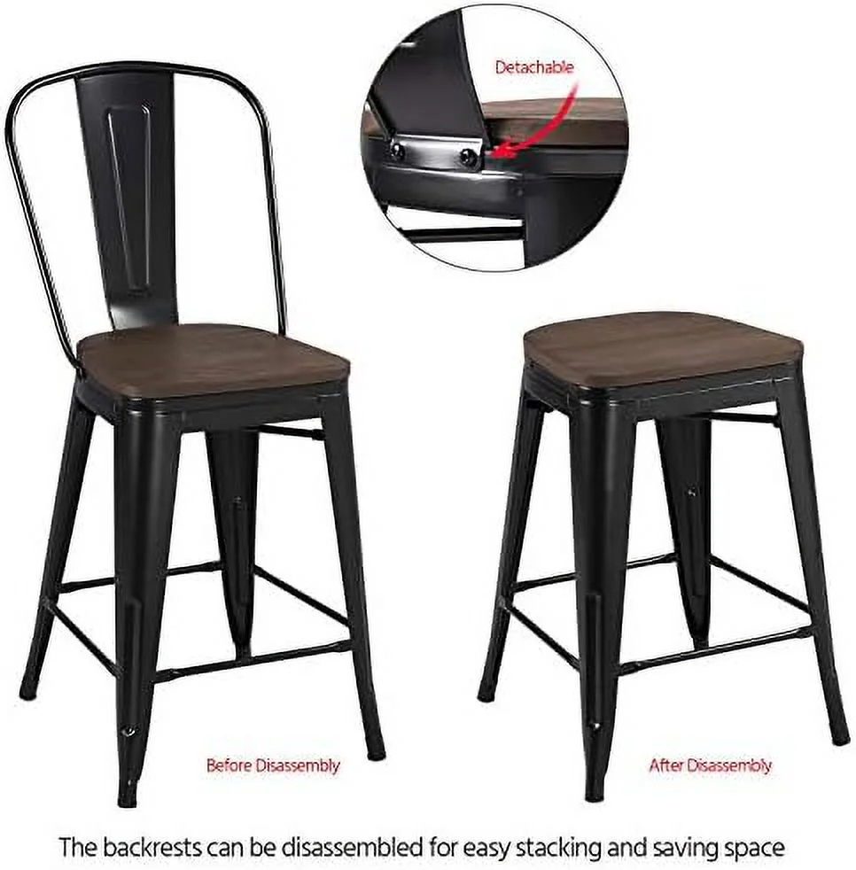HYHBIBOOM 24Inch Seat Height Style Dining Stools Chairs with Wood Seat/Top and High Backrest  Industrial Metal Counter Height Stool  Modern Kitchen Dining  Chairs Rustic  Black  Set of 4