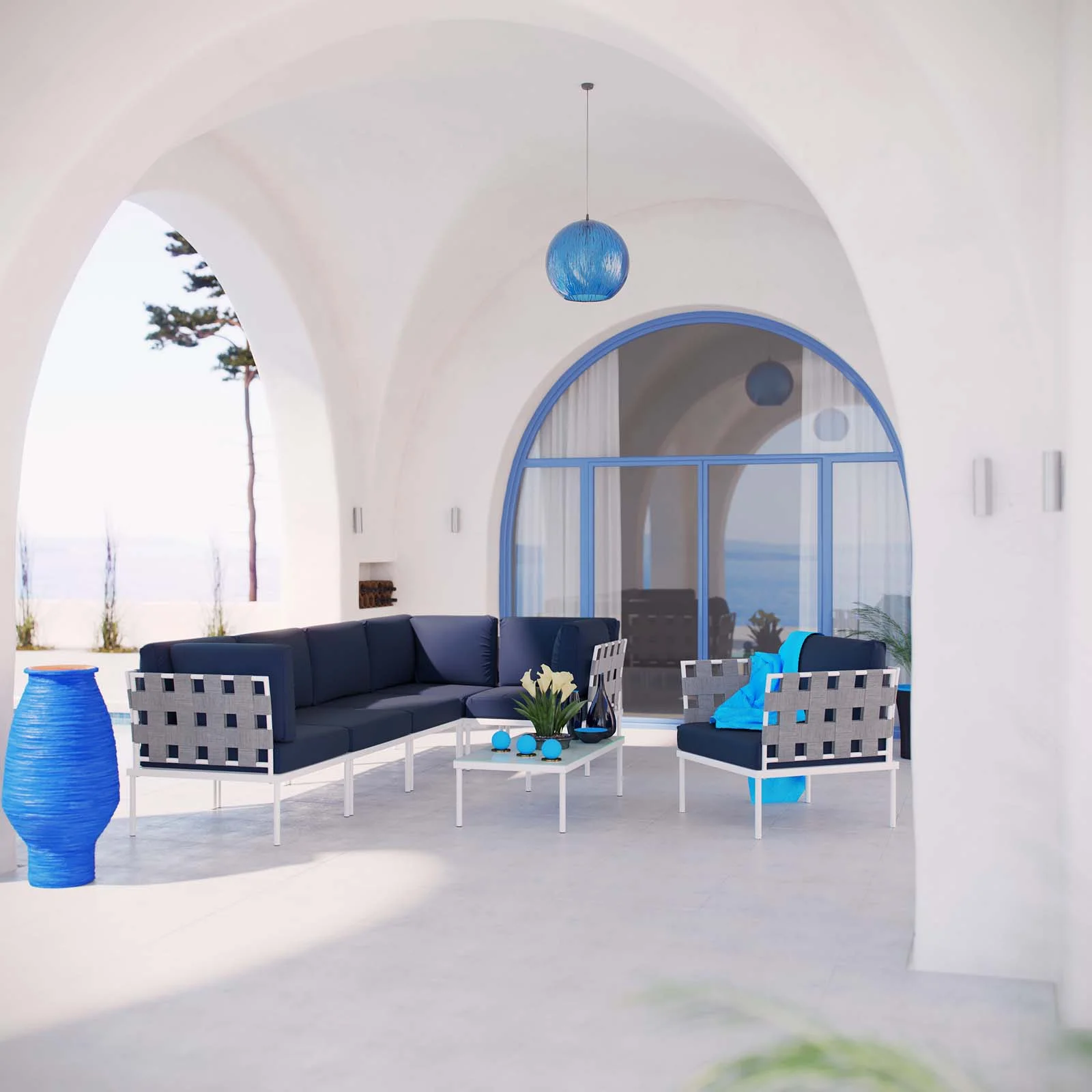 Modern Contemporary Urban Design Outdoor Patio Balcony Seven PCS Sectional Sofa Set, Navy Blue White, Rattan