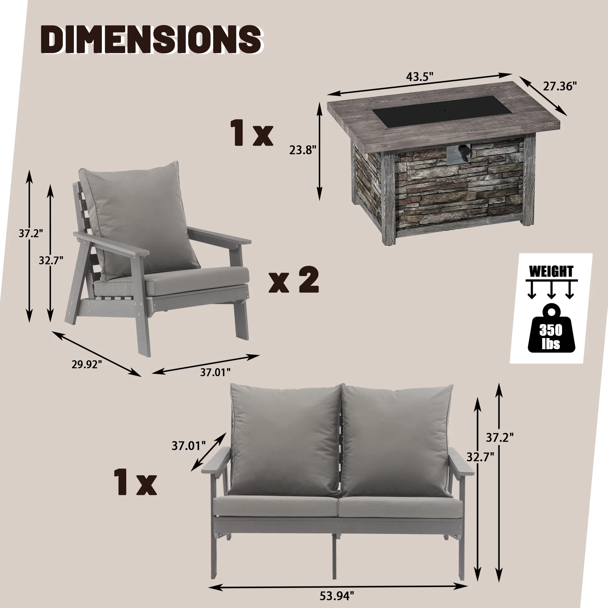Boyel Living Outdoor garden furniture set of 4 with 43.5 inch Propane Fire Pit Table Grey
