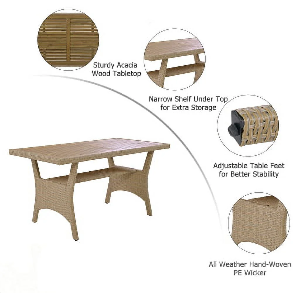 Outdoor Patio 7-Piece Dining Table Set All Weather PE Rattan Dining Set with Wood Tabletop and Cushions for 6, White